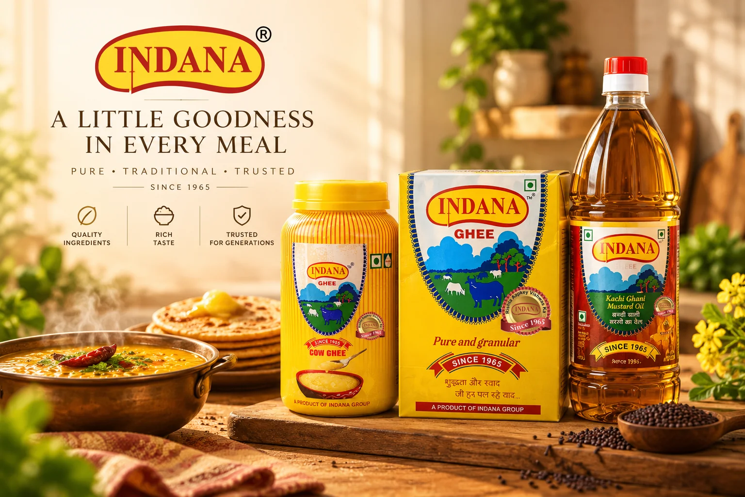 Indana cow ghee jar, Indana ghee tetra pack and Indana mustard oil bottle displayed in a warm kitchen setting
